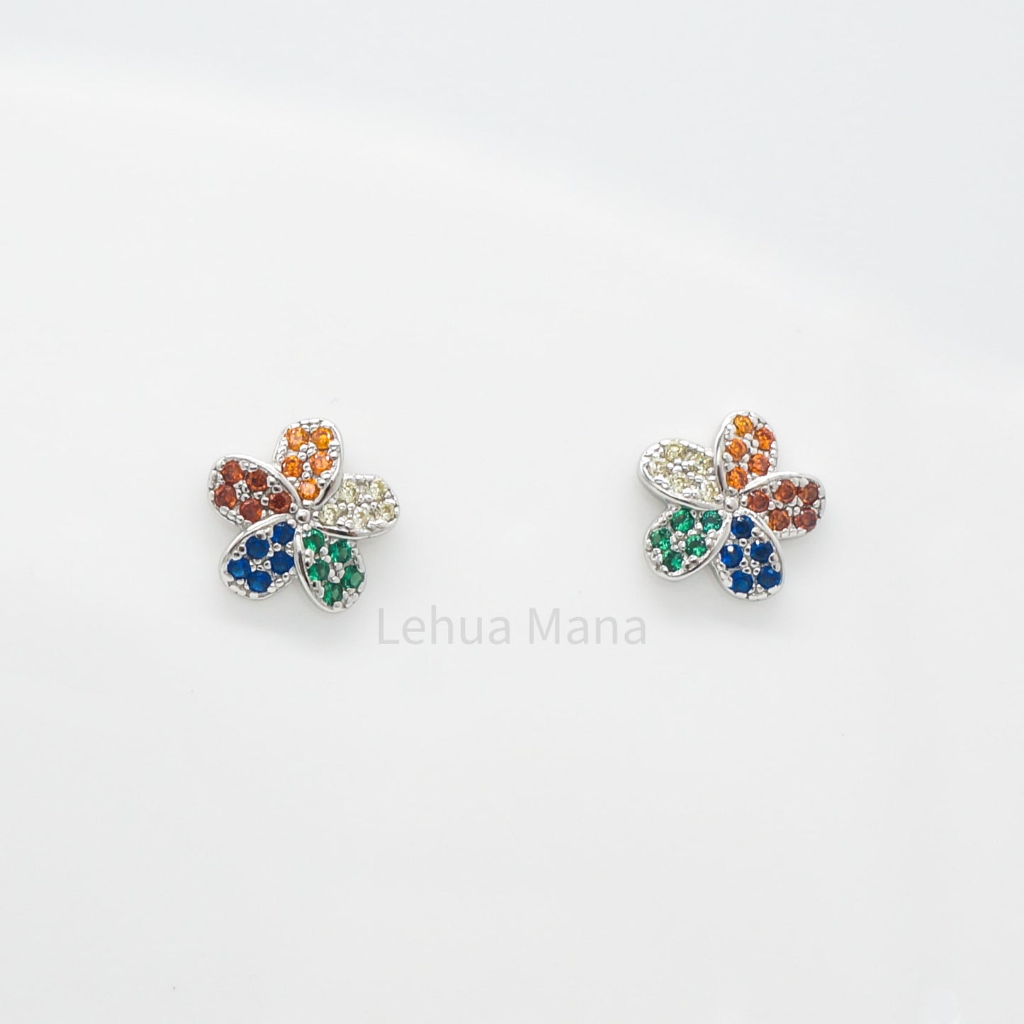 925 Sterling Silver CZ Plumeria Flower Stud Earrings