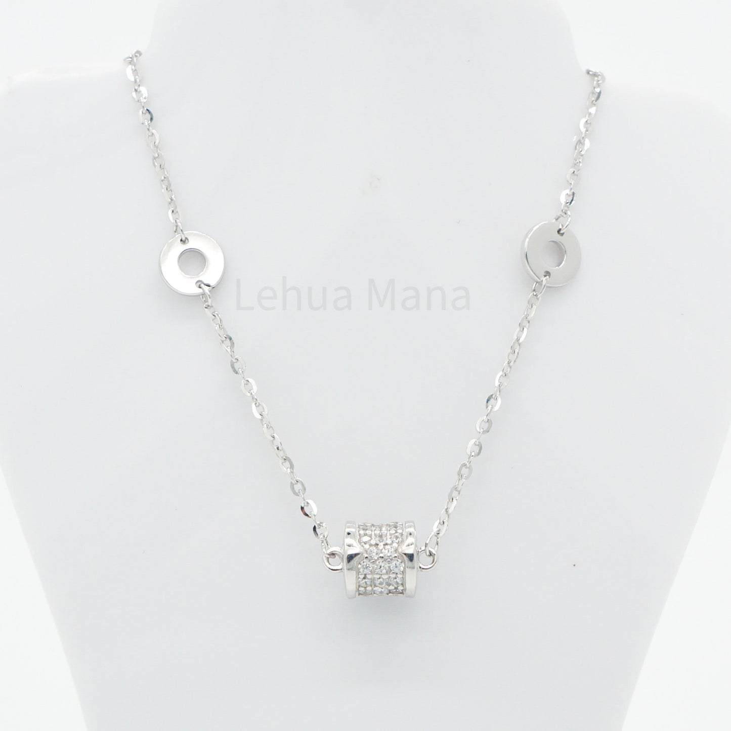925 Silver CZ Barrel Disc Necklace, CZ Necklace, Cubic Zirconia Necklace, 925 Sterling Silver Jewelry, Barrel Disc Necklace