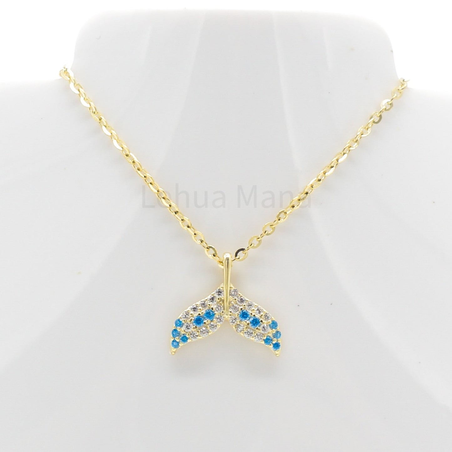 925 Silver CZ Blue Topaz Whale Tail Necklace, CZ Necklace, Blue Topaz Necklace, Cubic Zirconia Necklace, 925 Sterling Silver Jewelry, Blue Topaz Necklace