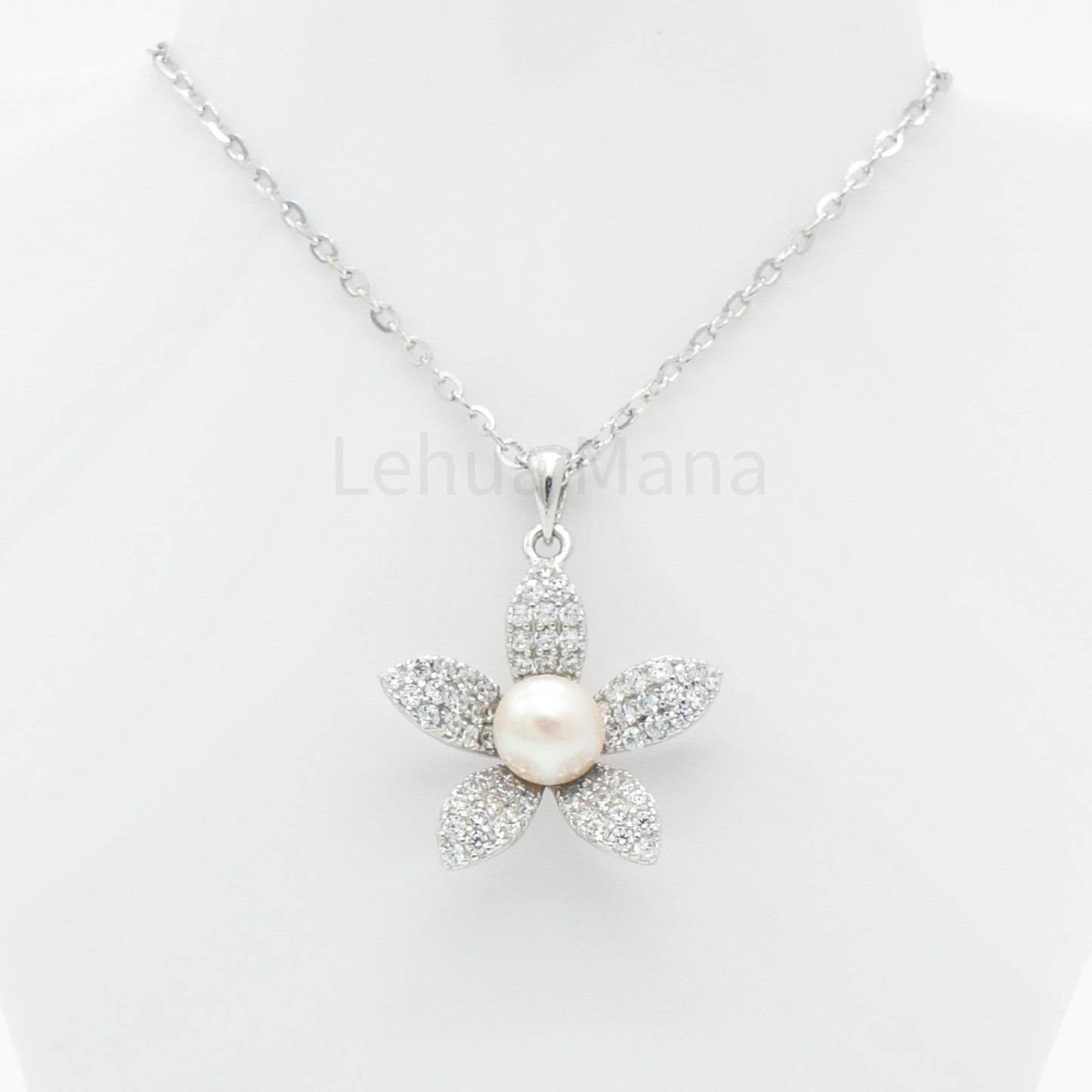 925 Silver CZ Freshwater Pearl Flower Necklace, CZ Necklace, Cubic Zirconia Necklace, 925 Sterling Silver Jewelry, Freshwater Pearl Flower Necklace