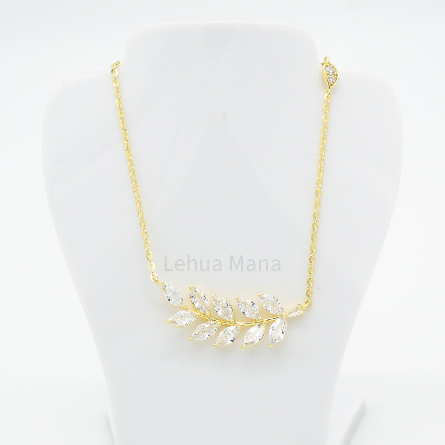925 Silver CZ Maile Leaves Necklace, CZ Necklace, Cubic Zirconia Necklace, 925 Sterling Silver Jewelry, Maile Leaves Necklace