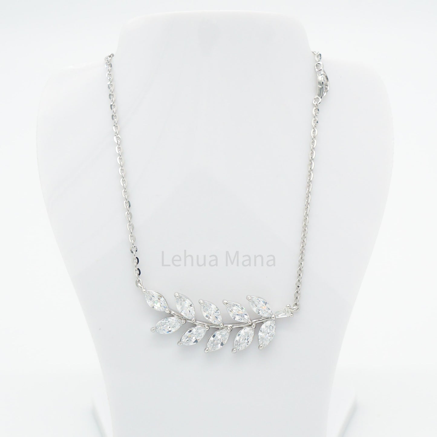 925 Silver CZ Maile Leaves Necklace, CZ Necklace, Cubic Zirconia Necklace, 925 Sterling Silver Jewelry, Maile Leaves Necklace