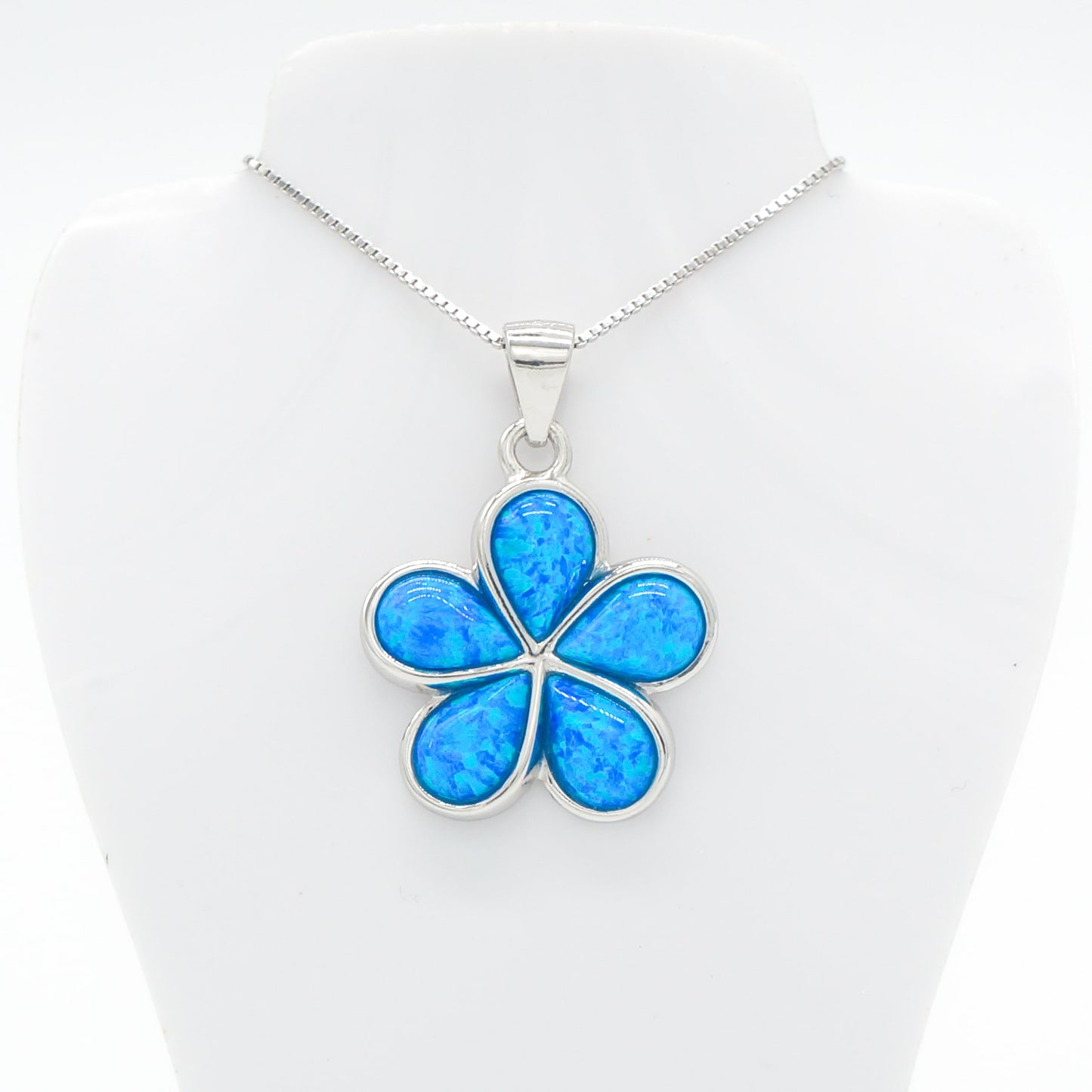 925 Sterling Silver Blue Opal Hawaiian Plumeria Flower Pendant Necklace