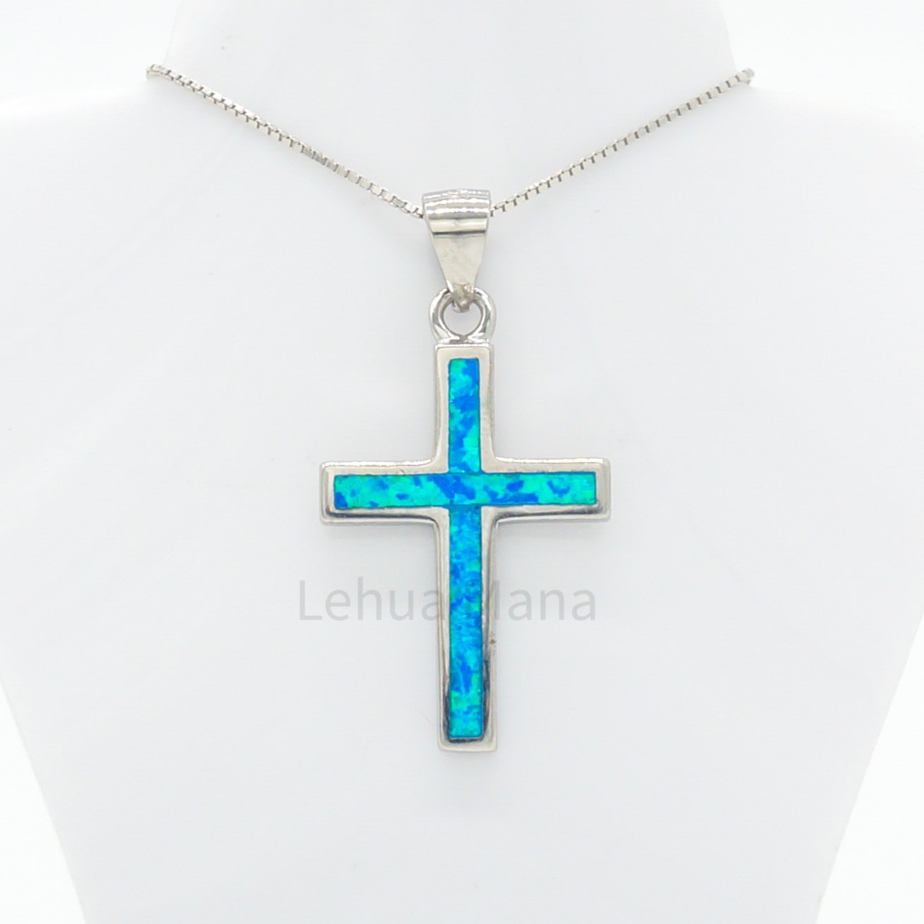 925 Sterling Silver Blue Opal Cross Pendant Necklace, Opal Necklace, 925 Sterling Silver Jewelry, Cross Necklace