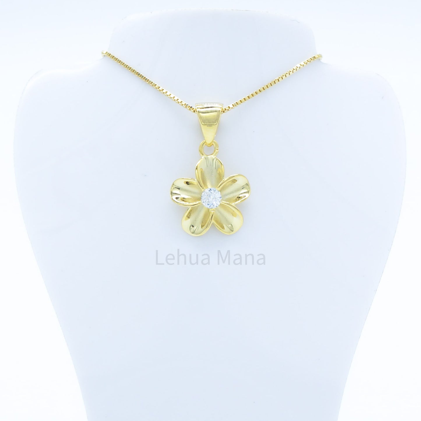 925 Sterling Silver 14K Gold Plated Plumeria Flower Pendant Necklace (with Cubic Zirconia)