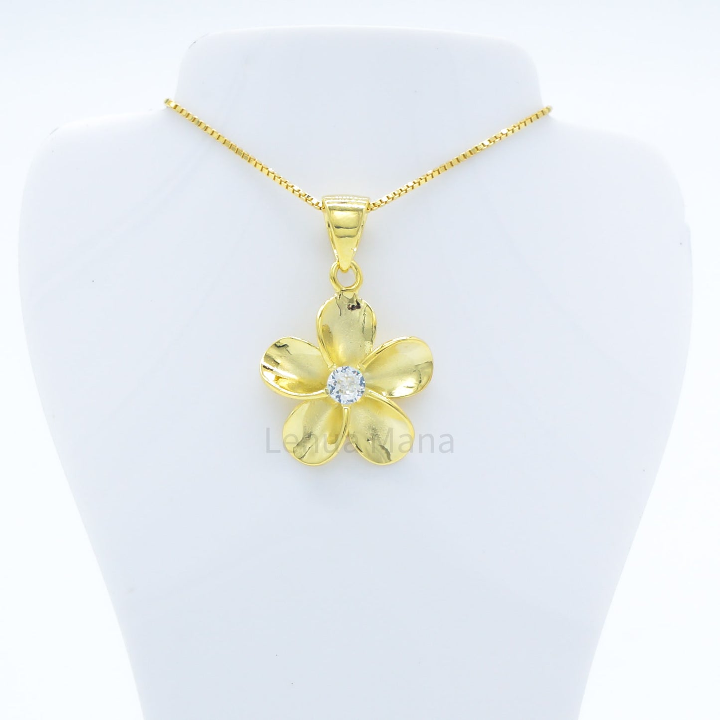 925 Sterling Silver 14K Gold Plated Plumeria Flower Pendant Necklace (with Cubic Zirconia)