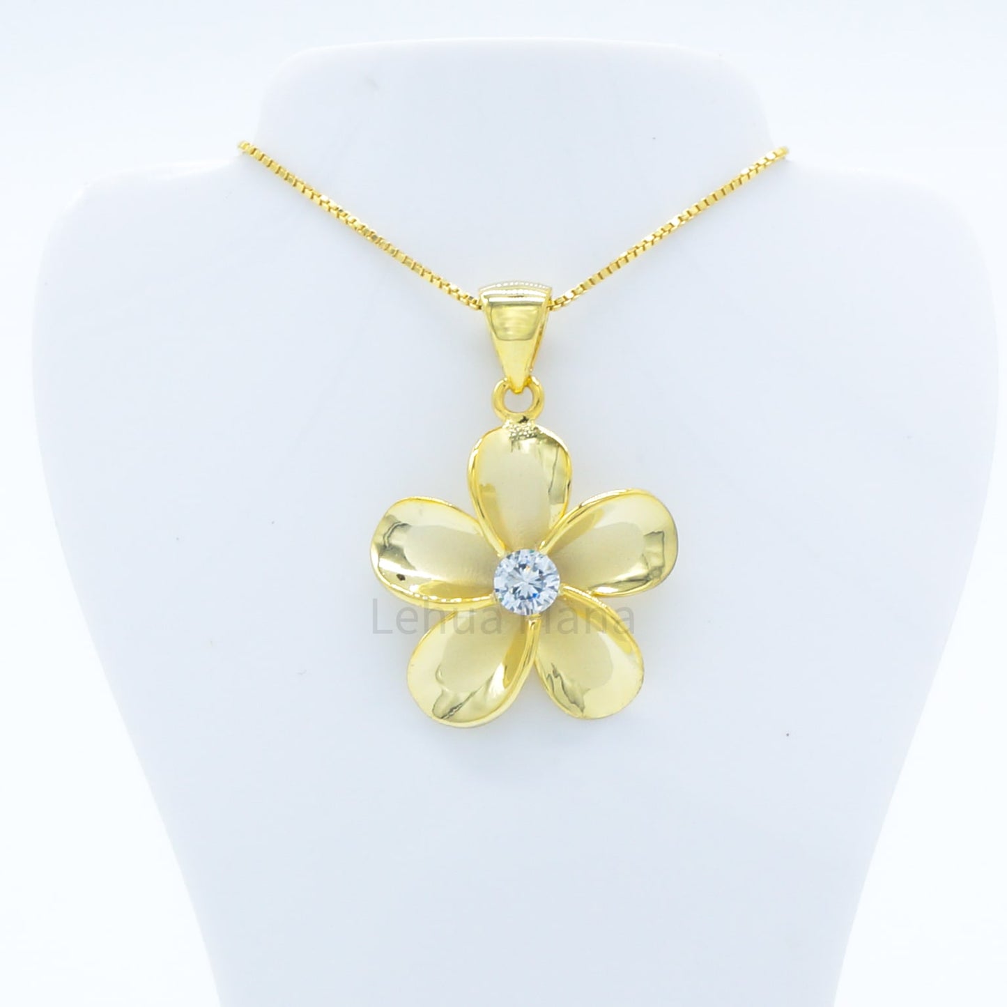 925 Sterling Silver 14K Gold Plated Plumeria Flower Pendant Necklace (with Cubic Zirconia)
