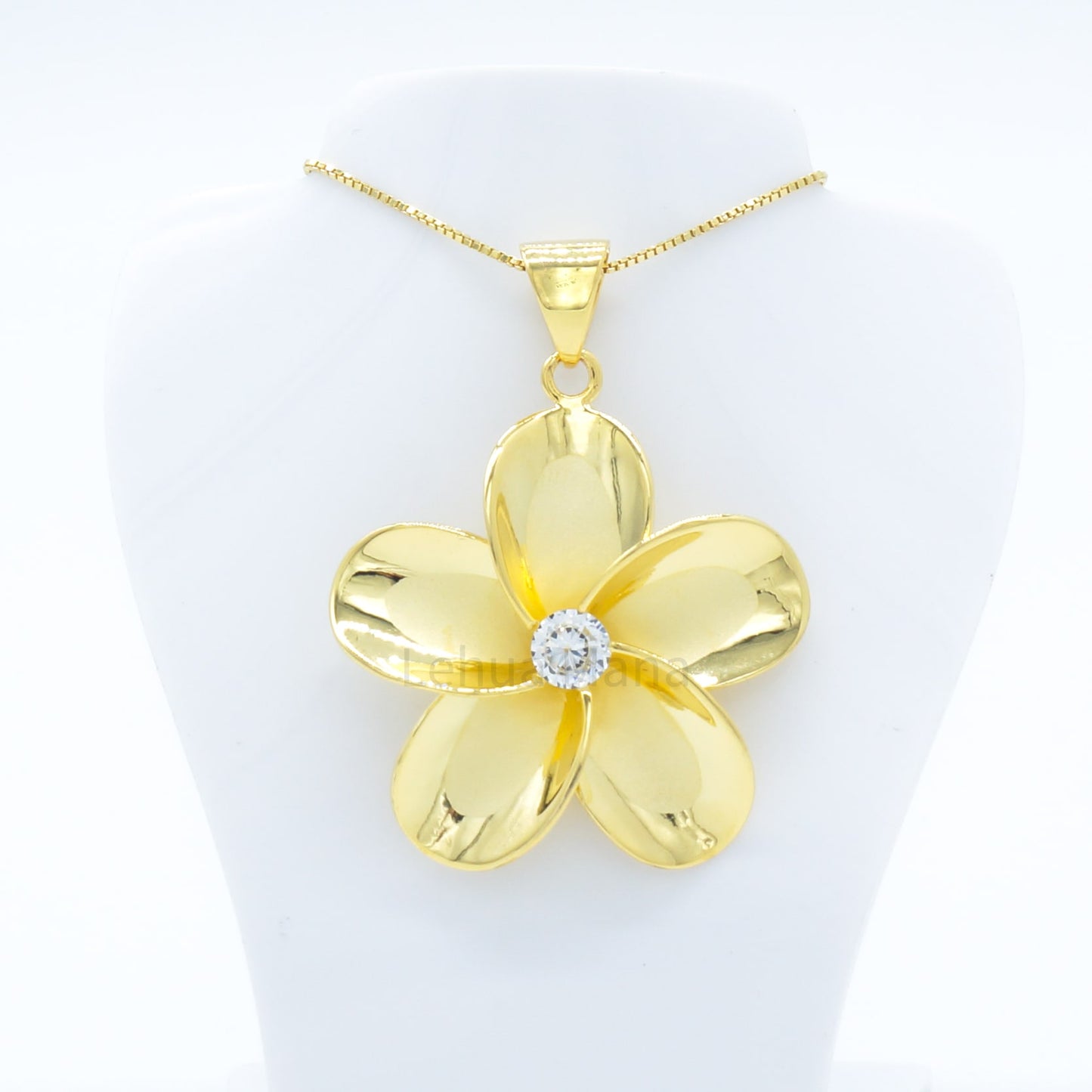 925 Sterling Silver 14K Gold Plated Plumeria Flower Pendant Necklace (with Cubic Zirconia)