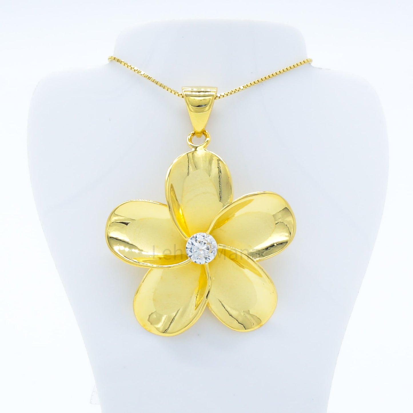 925 Sterling Silver 14K Gold Plated Plumeria Flower Pendant Necklace (with Cubic Zirconia)