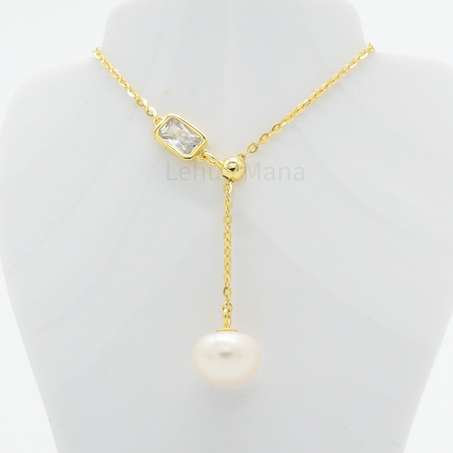 925 Silver CZ Freshwater Pearl Lariat Necklace, CZ Necklace, Cubic Zirconia Necklace, 925 Sterling Silver Jewelry, Freshwater Pearl Lariat Necklace