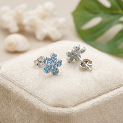 Hawaiian Plumeria Flower Pave CZ Stud Earrings - 925 Sterling Silver