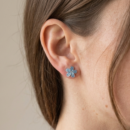 Hawaiian Plumeria Flower Blue Topaz Pavé Stud Earrings - 925 Sterling Silver
