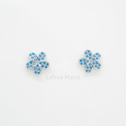 925 Sterling Silver CZ Plumeria Flower Stud Earrings