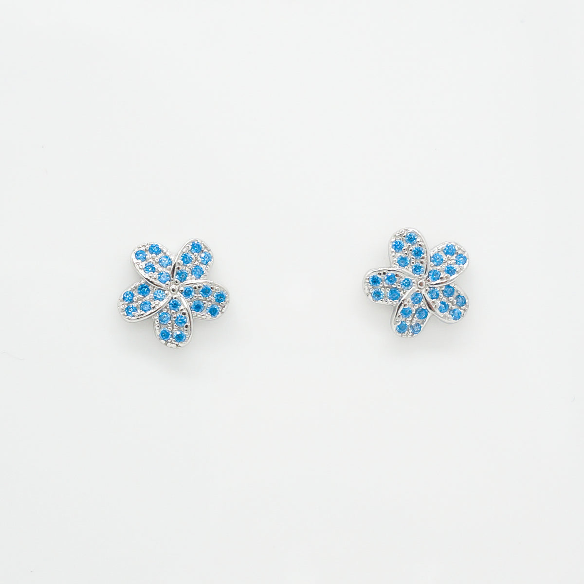 Hawaiian Plumeria Flower Blue Topaz Pavé Stud Earrings - 925 Sterling Silver