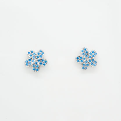 Hawaiian Plumeria Flower Blue Topaz Pavé Stud Earrings - 925 Sterling Silver