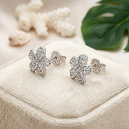 Hawaiian Plumeria Flower Pave CZ Stud Earrings - 925 Sterling Silver