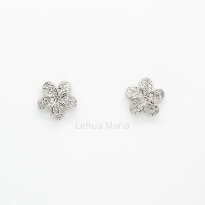 925 Sterling Silver CZ Plumeria Flower Stud Earrings