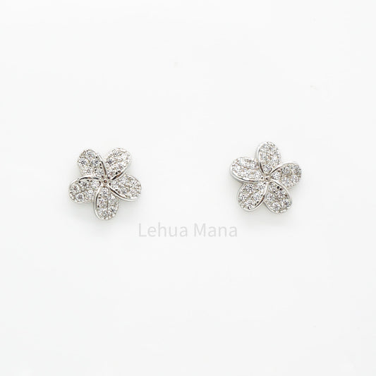 925 Sterling Silver CZ Plumeria Flower Stud Earrings