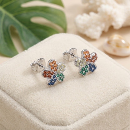 Hawaiian Plumeria Flower Pave CZ Stud Earrings - 925 Sterling Silver