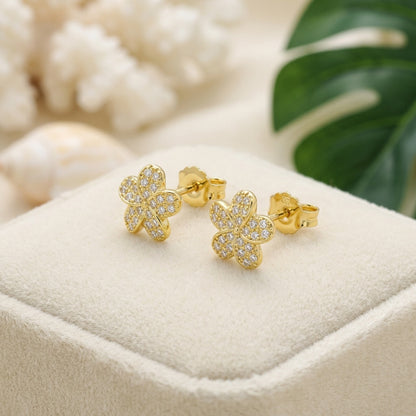 Hawaiian Plumeria Flower Pave CZ Stud Earrings - 925 Sterling Silver