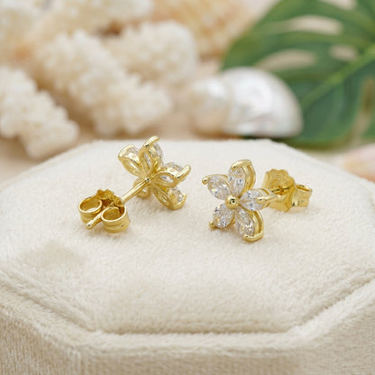 Hawaiian Plumeria Teardrop CZ Flower Stud Earrings - 14K Gold Plated Silver