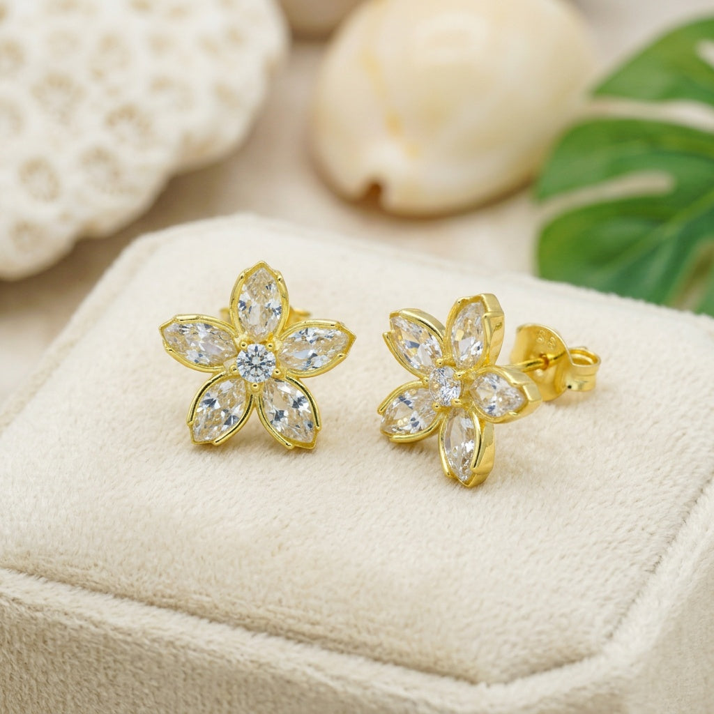 Hawaiian Plumeria Marquise CZ Flower Stud Earrings - 14K Gold Plated Silver