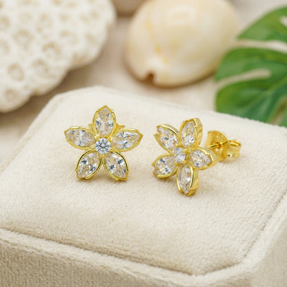 Hawaiian Plumeria Marquise CZ Flower Stud Earrings - 14K Gold Plated Silver