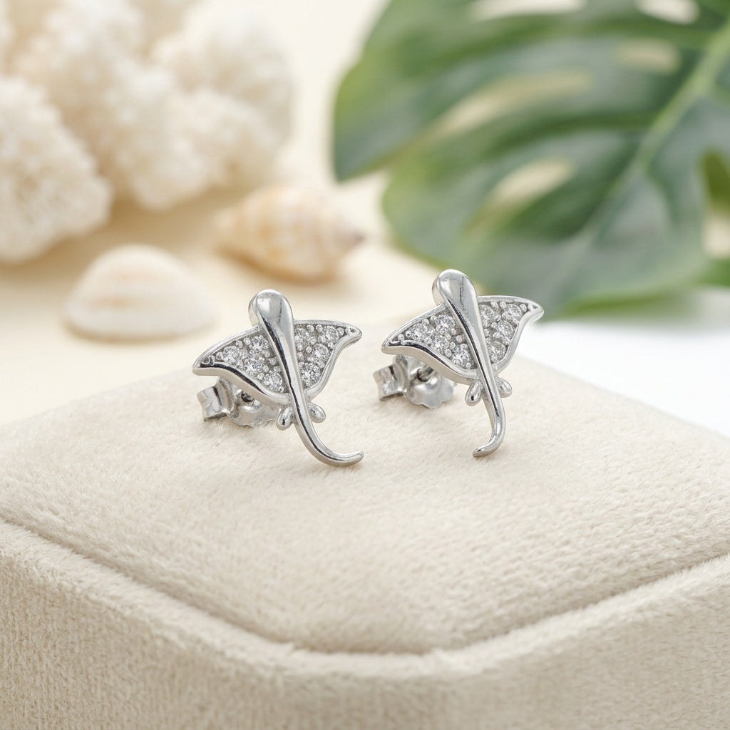 Hawaiian Manta Ray Pave CZ Stud Earrings - 925 Sterling Silver