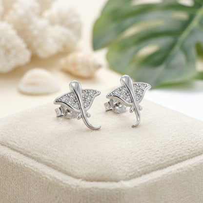 Hawaiian Manta Ray Pave CZ Stud Earrings - 925 Sterling Silver