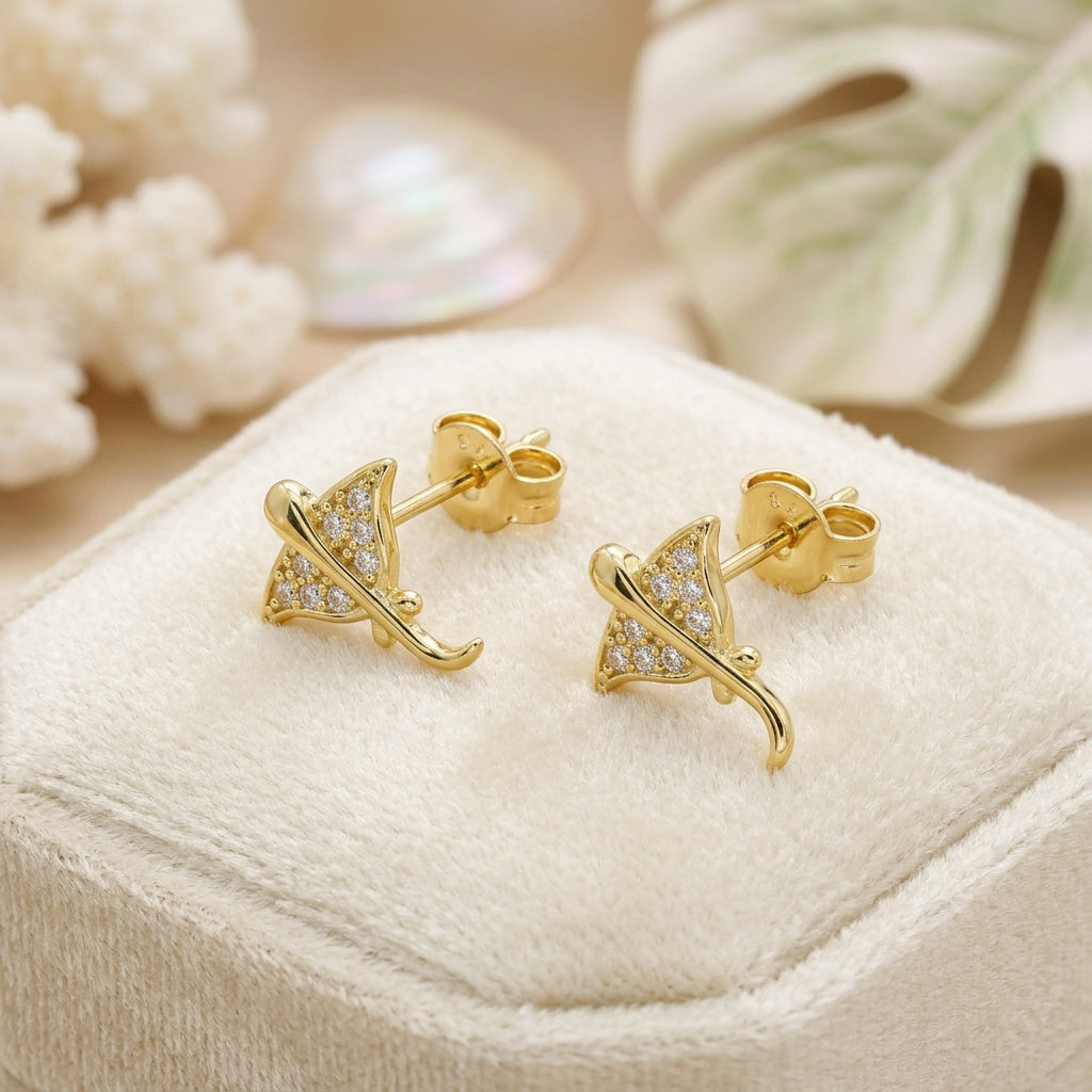 Hawaiian Manta Ray Pave CZ Stud Earrings - 925 Sterling Silver