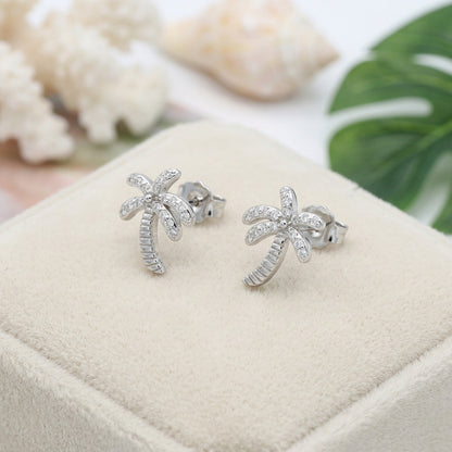 Hawaiian Palm Tree Pave CZ Stud Earrings - 925 Sterling Silver