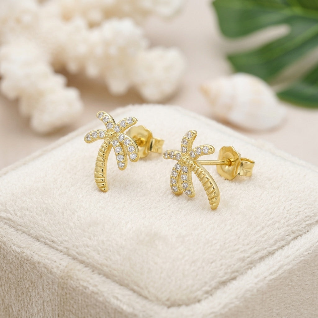 Hawaiian Palm Tree Pave CZ Stud Earrings - 925 Sterling Silver