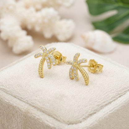 Hawaiian Palm Tree Pave CZ Stud Earrings - 925 Sterling Silver