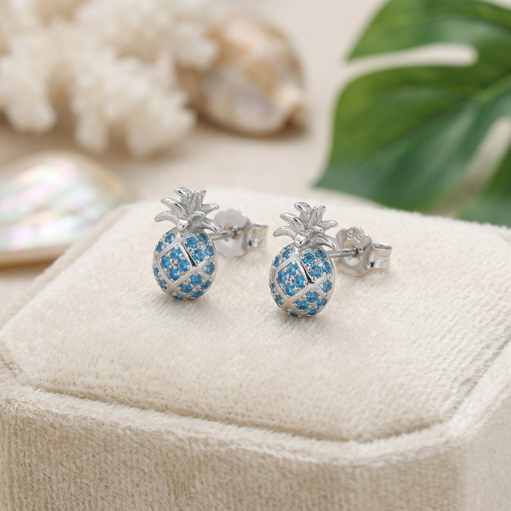 Hawaiian Pineapple Pave CZ Stud Earrings - 925 Sterling Silver