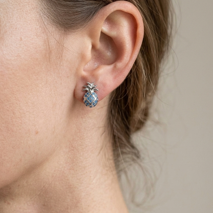 Hawaiian Pineapple Blue Topaz Pavé Stud Earrings - 925 Sterling Silver