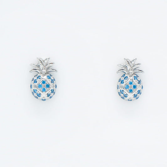 A pair of pineapple-shaped stud earrings with blue topaz gemstones, 925 sterling silver, blue topaz