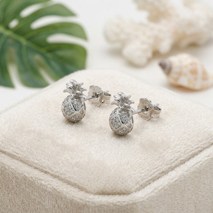 Hawaiian Pineapple Pave CZ Stud Earrings - 925 Sterling Silver