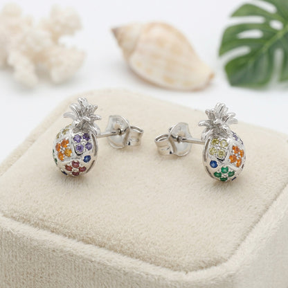 Hawaiian Pineapple Pave CZ Stud Earrings - 925 Sterling Silver