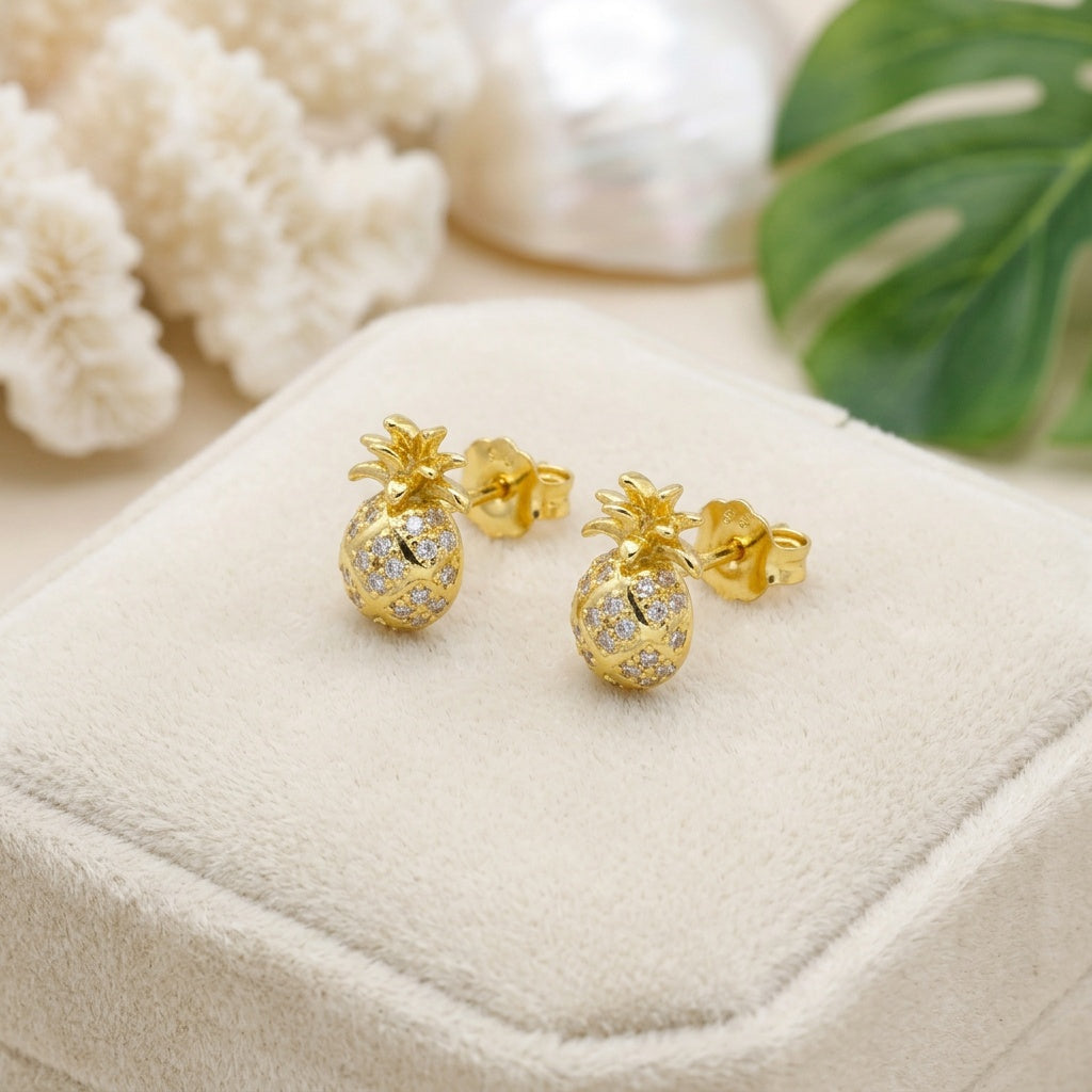 Hawaiian Pineapple Pave CZ Stud Earrings - 925 Sterling Silver