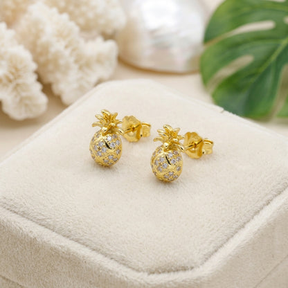 Hawaiian Pineapple Pave CZ Stud Earrings - 925 Sterling Silver