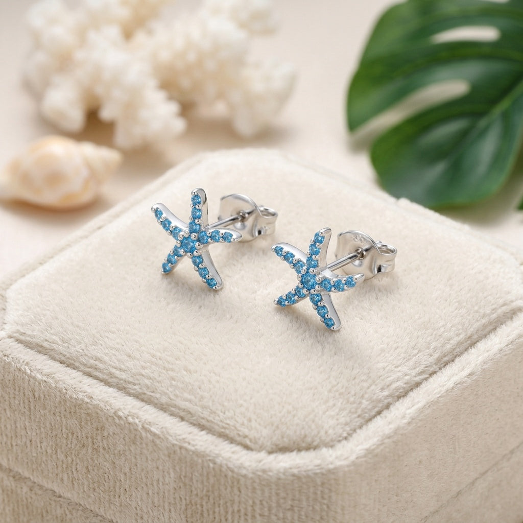 Hawaiian Starfish Sea Star Pave CZ Stud Earrings - 925 Sterling Silver