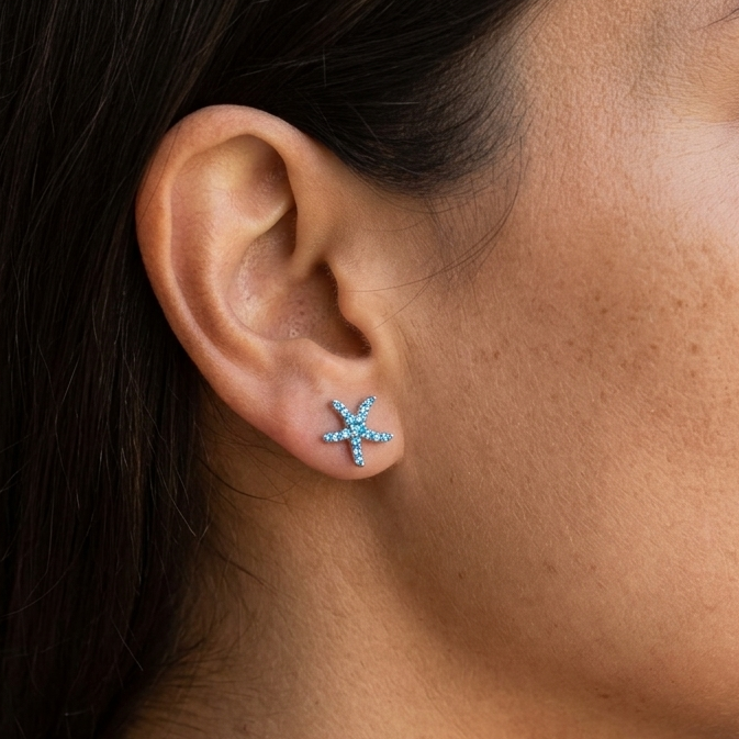 Hawaiian Starfish Blue Topaz Pavé Stud Earrings - 925 Sterling Silver