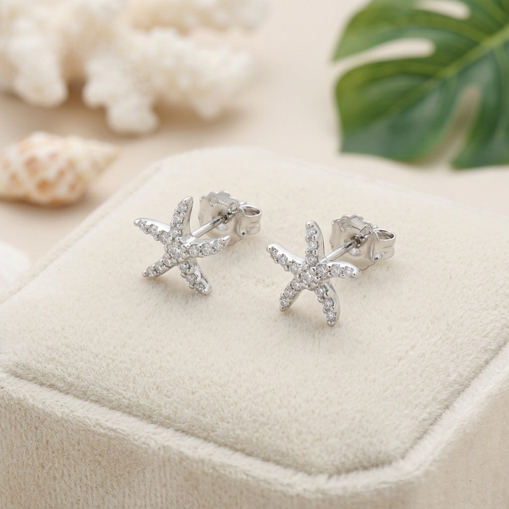Hawaiian Starfish Sea Star Pave CZ Stud Earrings - 925 Sterling Silver