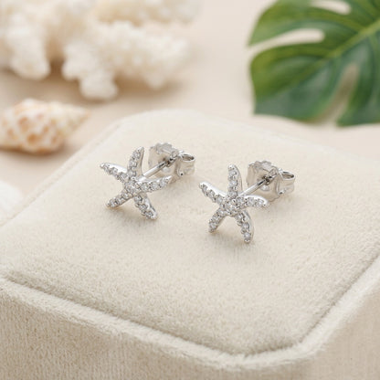 Hawaiian Starfish Sea Star Pave CZ Stud Earrings - 925 Sterling Silver