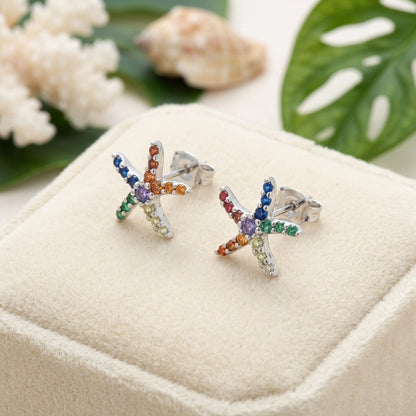 Hawaiian Starfish Sea Star Pave CZ Stud Earrings - 925 Sterling Silver