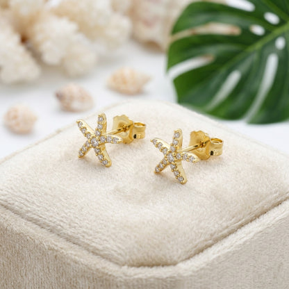 Hawaiian Starfish Sea Star Pave CZ Stud Earrings - 925 Sterling Silver