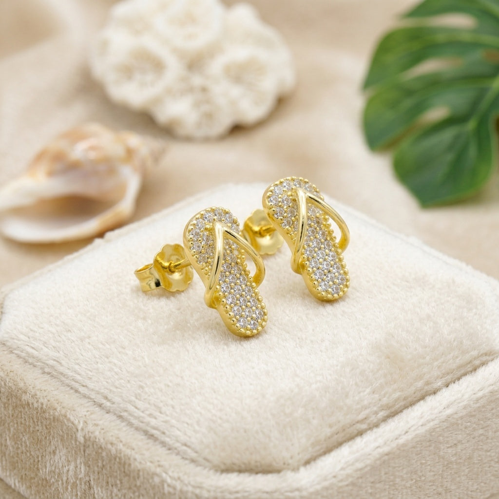 Hawaiian Slipper Flip Flop Pave CZ Stud Earrings - 14K Gold Plated Silver