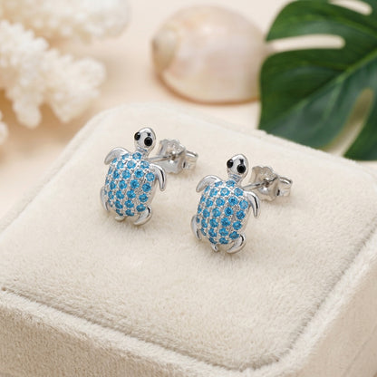 Hawaiian Honu Sea Turtle Pave CZ Stud Earrings - 925 Sterling Silver