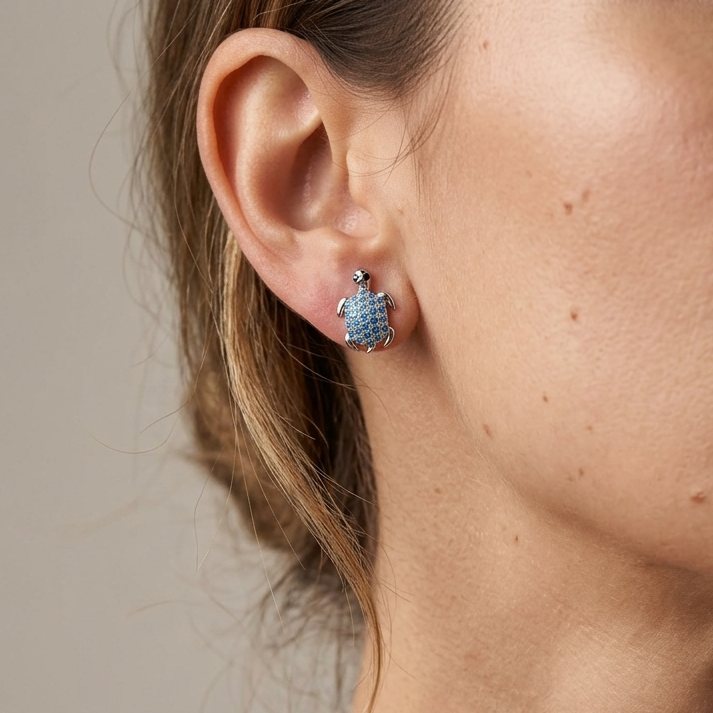 Hawaiian Sea Turtle Blue Topaz Pavé Stud Earrings - 925 Sterling Silver