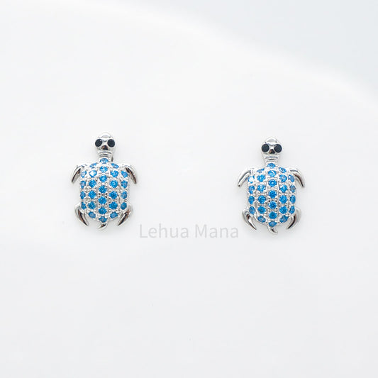 Hawaiian Honu Sea Turtle Pave CZ Stud Earrings - 925 Sterling Silver